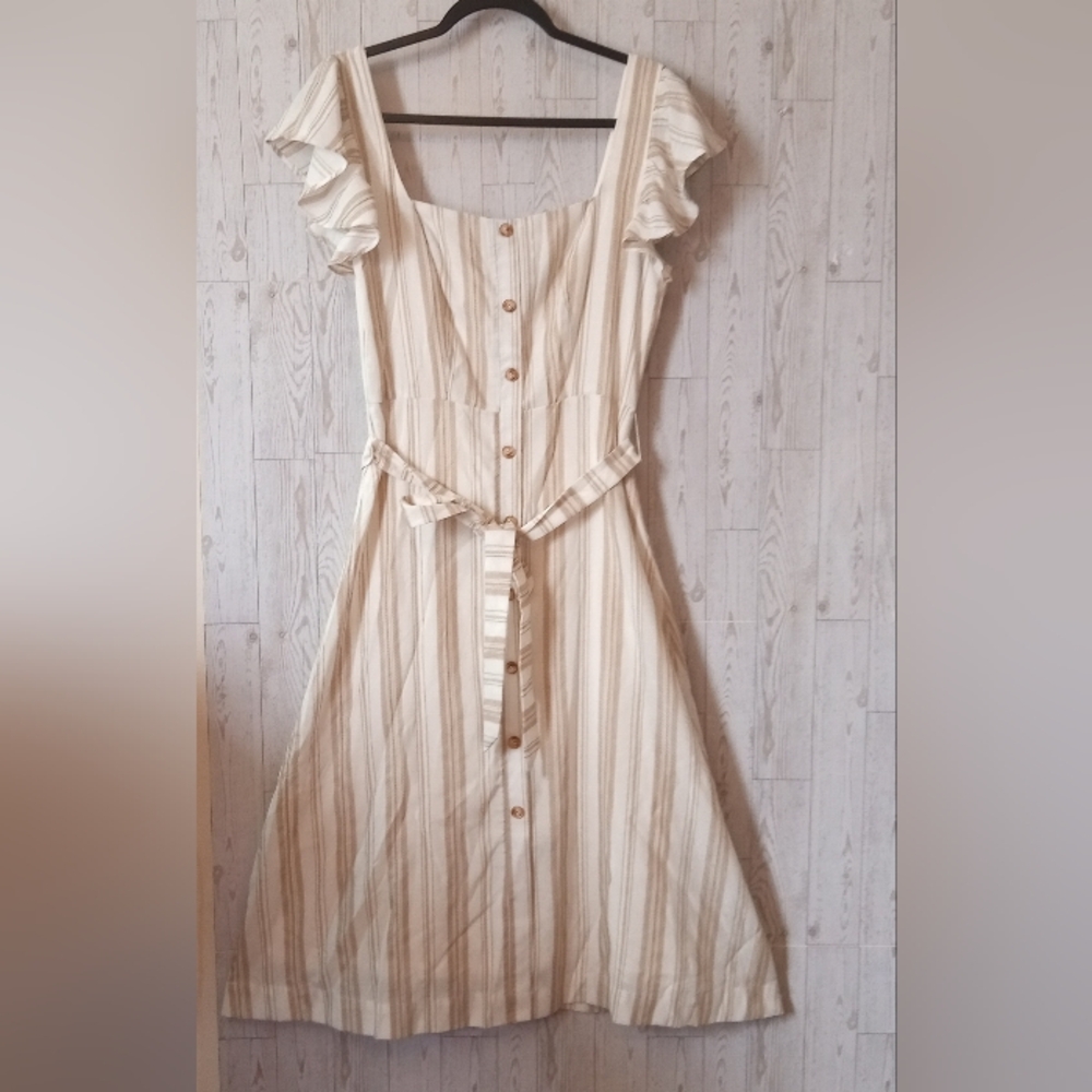 Lulu's Cream and Tan Striped Midi Button Up Dress Women's Size M